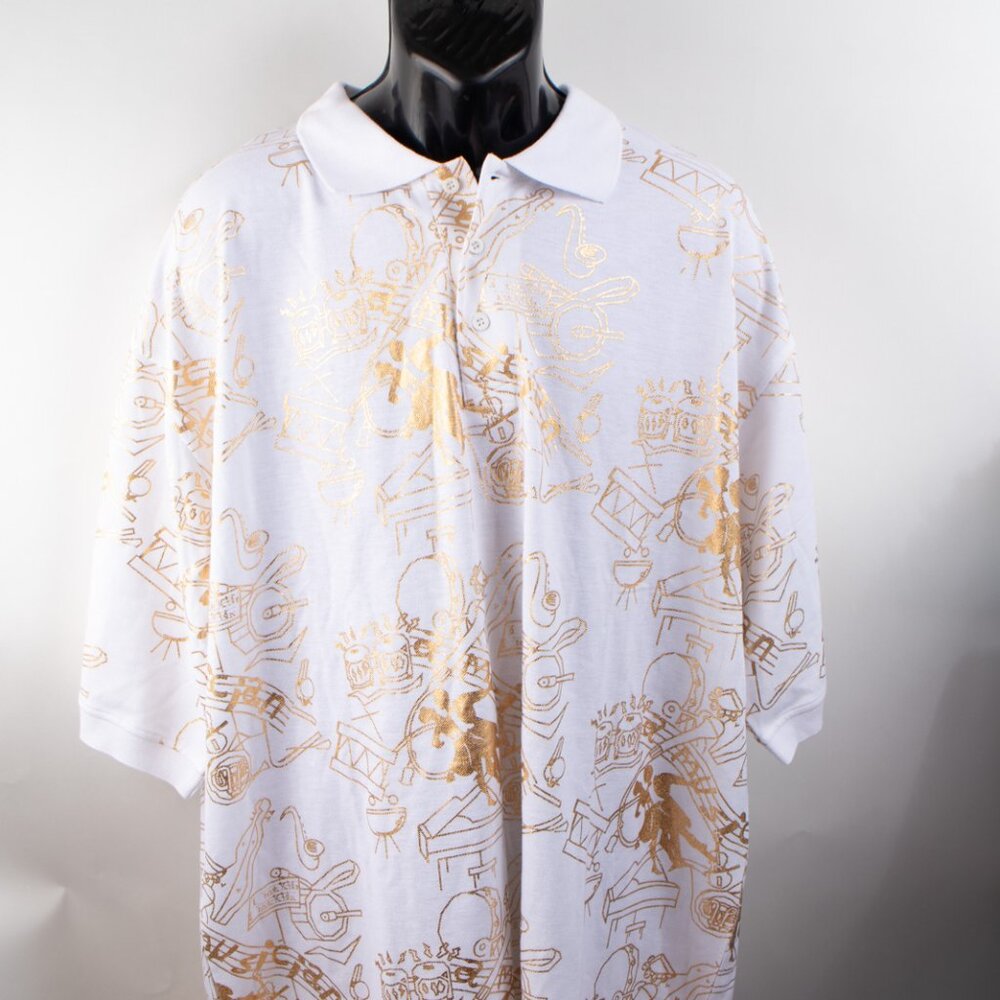 Dream USA Men's 3XL Polo Jazz Musician Dancing Piano Design Gold and White NWT